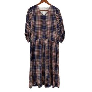 Sea New York Rooney Dress Womens Size 2 Blue Cream Plaid Short Sleeve Midi Relax